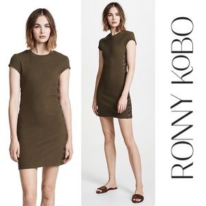 RARE Ronny Kobo Nilly Dress Green Rib Knit Lace Up